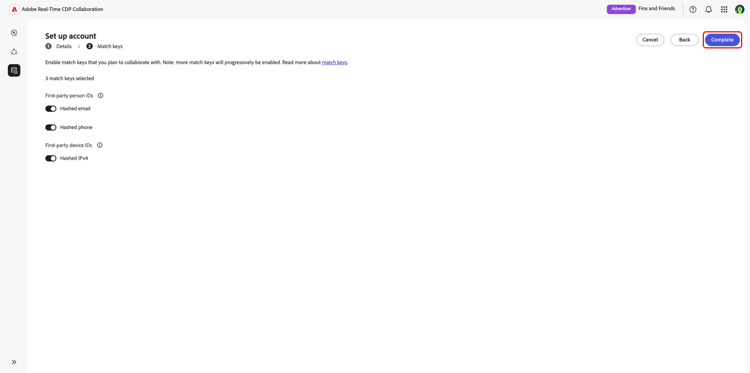 The Set up account workspace with the Match keys section displayed.