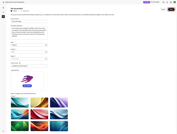 The Set up account workspace with the Details section displayed and the Next option highlighted.
