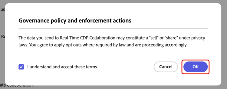 The Governance policy and enforcement actions dialog showing the checkbox and the OK option highlighted.