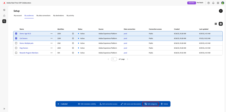 The My audiences workspace with the Edit categories option highlighted.