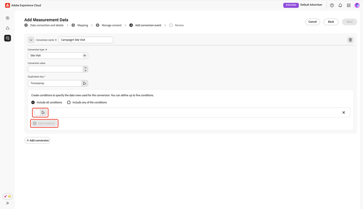 The Add conversion event screen highlighting the condition option after selecting Add condition option.