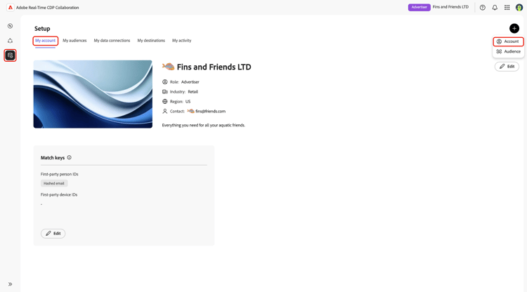 The setup workspace with the My account tab and Account option highlighted.