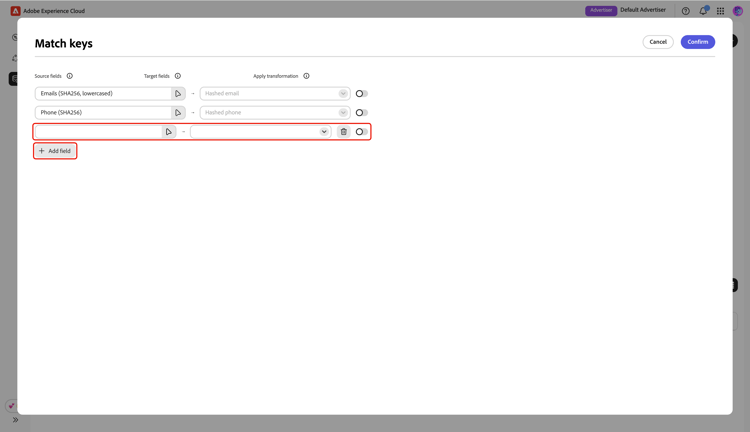 After selecting Add field, the Match keys dialog displays an empty new mapping field ready for input.