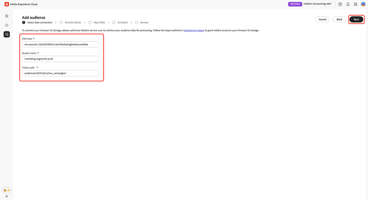The Amazon S3 connection form with fields for IAM role, S3 Bucket Name, and Folder Path.