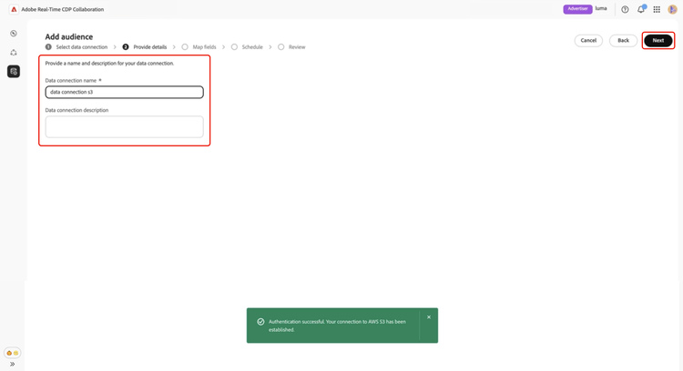 The data connection details form with fields for connection name and description.