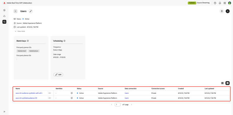 A data connections workspace with the audiences highlighted.