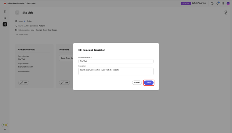 The Edit name and description dialog with the Save option highlighted.