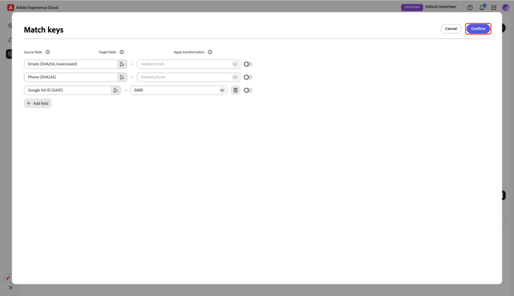 The Match keys dialog showing the updated field mapping with the Confirm option highlighted.