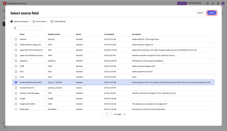 The Select source field dialog highlighting the Emails source field and the Select option.