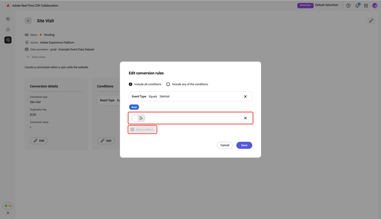 The Edit conversion rules dialog showing the new empty condition option after selecting the Add condition option.
