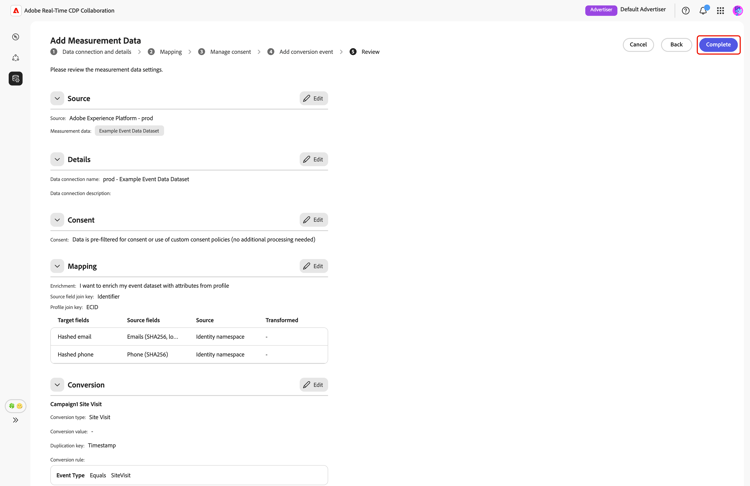 The Review screen showing a summary of measurement data settings and the Complete option highlighted.
