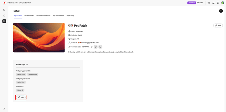 The Setup workspace with the Edit option highlighted within the account's Match keys section.
