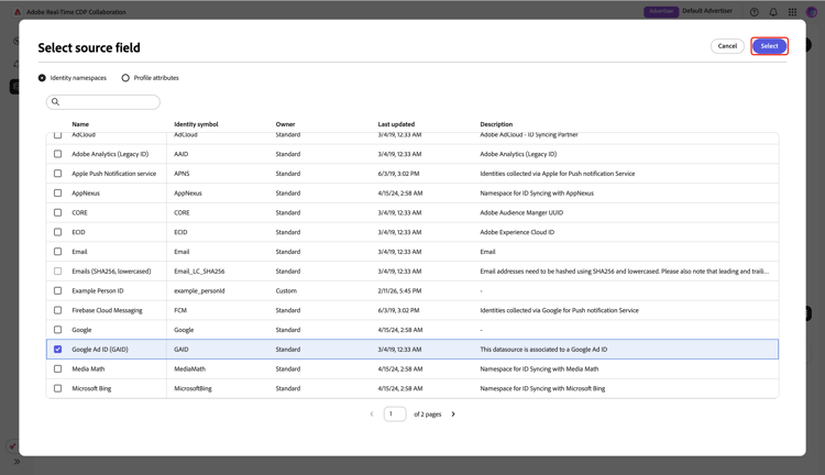 The Select source field dialog with the GAID option selected.
