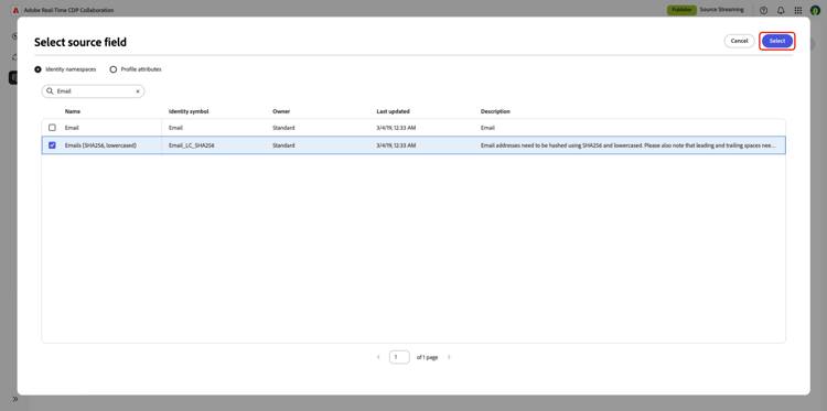 The Select source field dialog with the email options displayed.