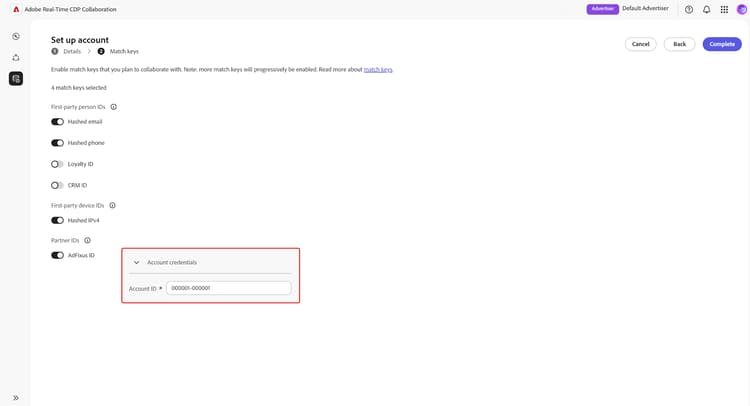 The Match keys dialog with AdFixus ID toggled on and the Account credentials section highlighted.