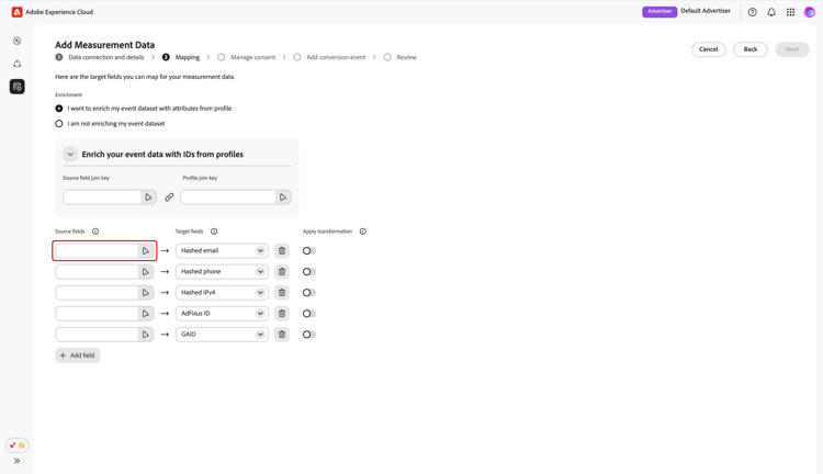 The Mapping screen with the empty source field highlighted.
