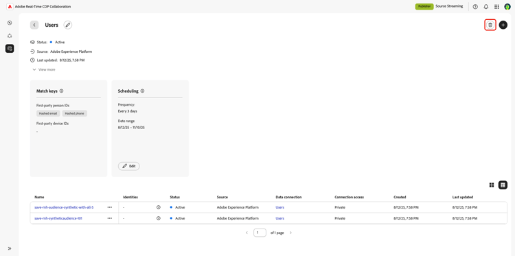 A data connections workspace with the delete option highlighted.