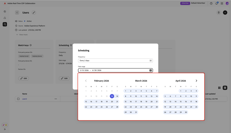 The Scheduling dialog showing the Date range dropdown expanded to edit the start and end dates for audience population and refresh.
