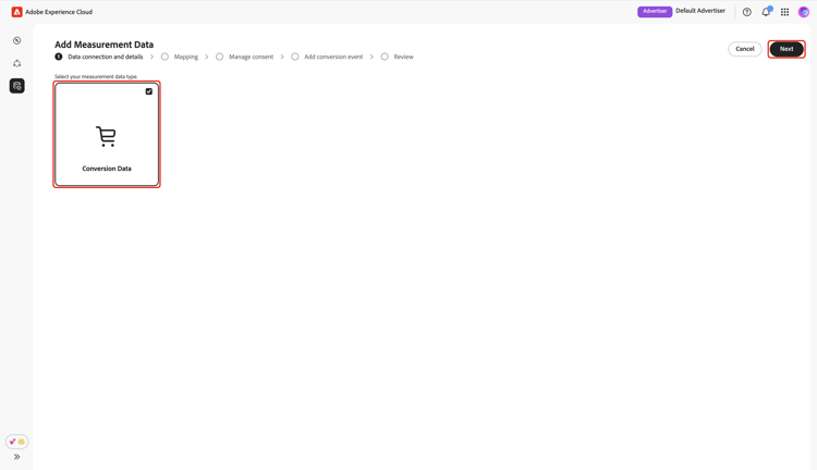 The Data connection and details step highlighting the measurement data type and the Next option.