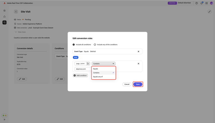 The Edit conversion rules dialog highlighting the logic dropdown menu.