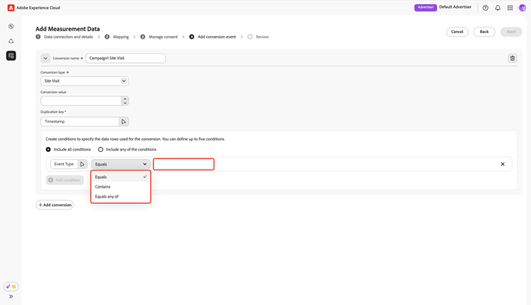 The Add conversion event screen highlighting the dropdown for logic operator and the Value option.