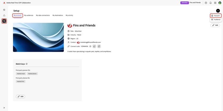 The setup workspace with the My account tab and Account option highlighted.