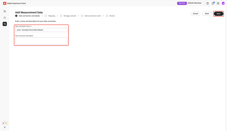The Data connection and details step with the option to provide a name and description.