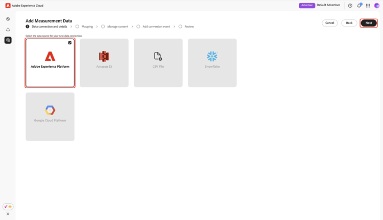 The Data connection and details step highlighting the Adobe Experience Platform option and the Next option.