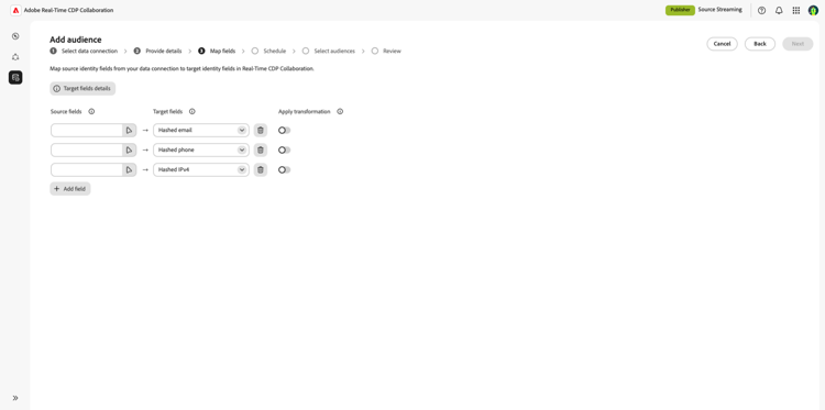 The Add audiences workspace with the option to map source fields to target fields.