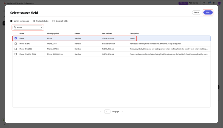 The Select source field dialog highlighting the Search option, the Phone source field, and the Select option.