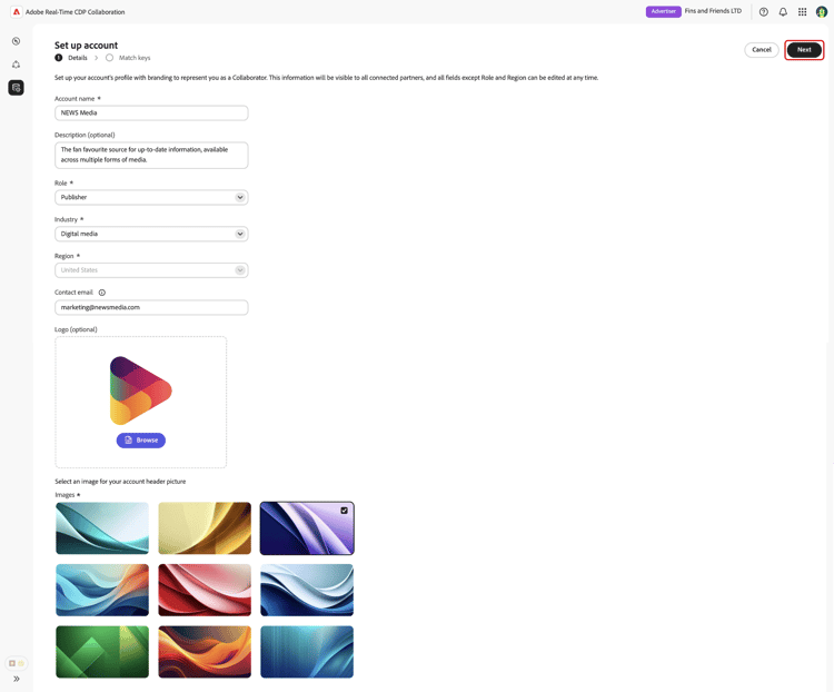 The Set up account workspace with the Details section displayed and the Next option highlighted.