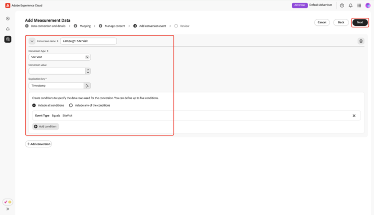 The Add conversion event screen showing the conversion event configurations and the Next option highlighted.