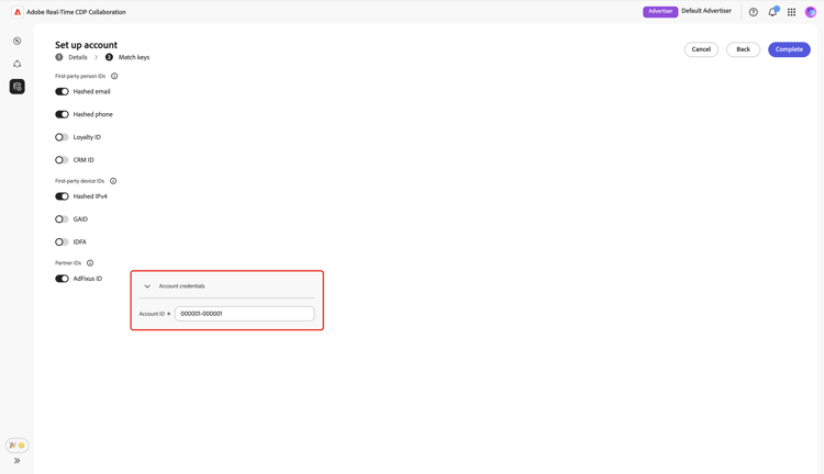 The Match keys dialog with AdFixus ID toggled on and the Account credentials section highlighted.