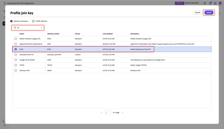 The Profile join key dialog highlighting the Search key, the selected profile field and the Next option.
