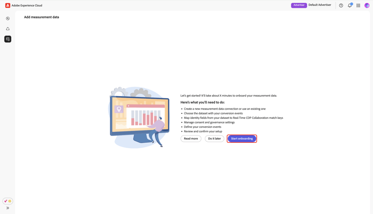 The Add measurement data screen displaying a summary of steps to source measurement data and the Start onboarding option highlighted.