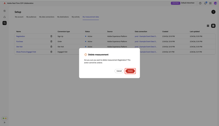 The Delete measurement dialog with the Delete option highlighted.