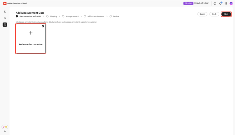 The Data connection and details step highlighting the Add a new data connection option and the Next option.