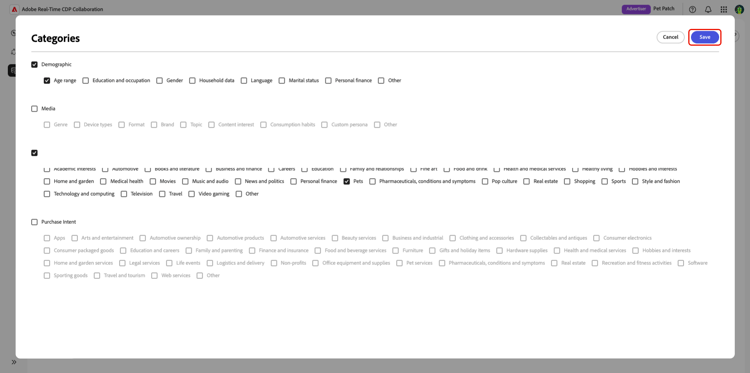 The Categories dialog with the available categories displayed.