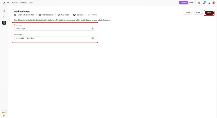 The schedule settings screen with refresh frequency options and date range configuration.