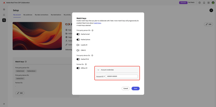 The Match keys dialog with Adfixus ID toggled on and the Account credentials section highlighted.