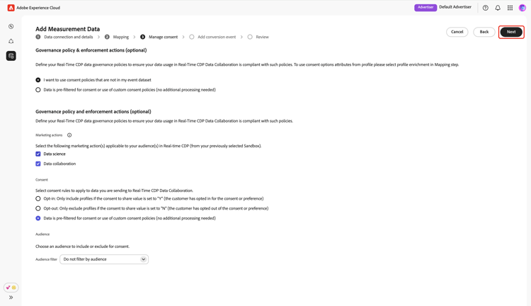 The Manage consent screen showing consent configuration options when profile enrichment is enabled, with the Next option highlighted.