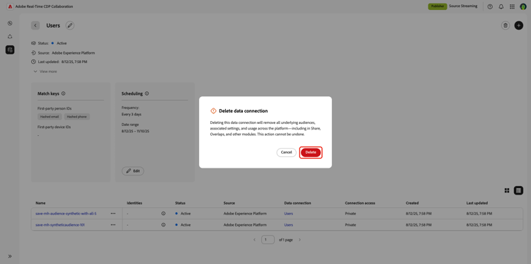 The Delete data connection dialog with the Delete option highlighted.