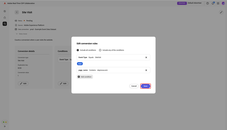 The Edit conversion rules dialog with the Save option highlighted.