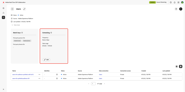 A data connection's workspace with the Scheduling section highlighted.