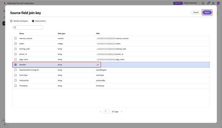 The Source field join key dialog highlighting the Source field and the Next option.