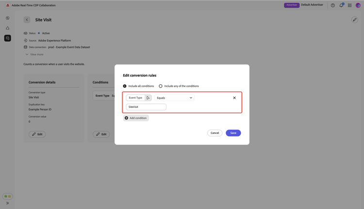 The Edit conversion rules dialog highlighting the options to edit source field, logic rule and value of an exisiting condition.
