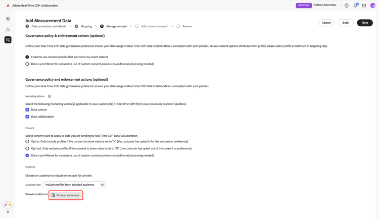 The Manage consent screen showing the Browse audiences option after audience filter is selected.