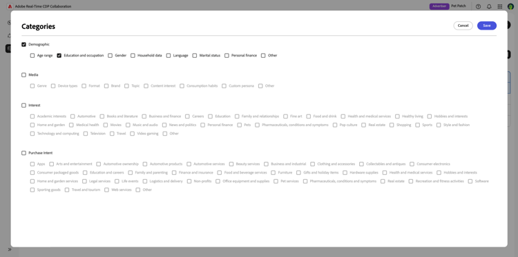 The Categories dialog with the available options displayed.