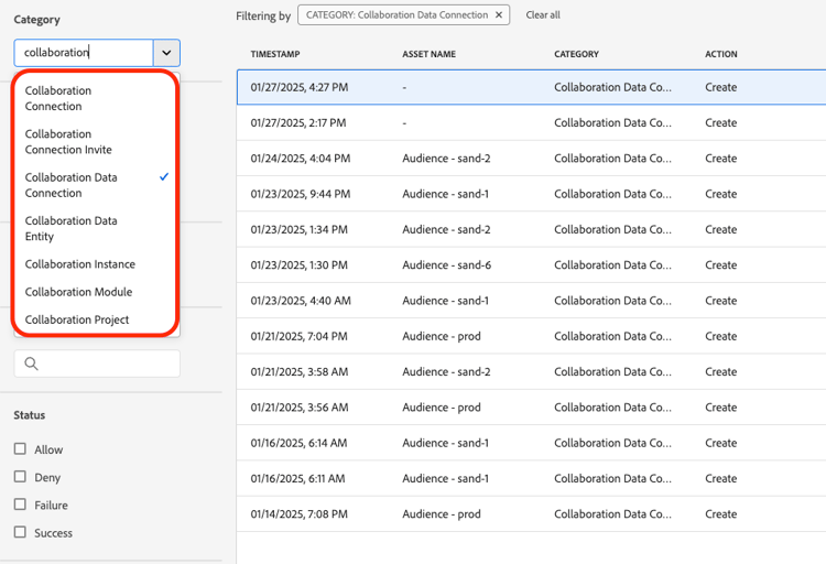 Available categories highlighted in Real-Time CDP Collaboration audit logs.