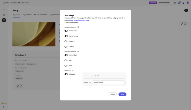 The Match keys dialog with the Save option highlighted.